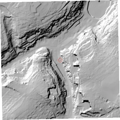 Shaded relief map of the ground around TQ59DQ, computed from Environment Agency LiDAR. The ground here sits at about 8 m above sea level and falls 57 m across the surrounding 800 m. Surface water reaching this point runs off ground lying to the east-south-east, 47.8 m higher.