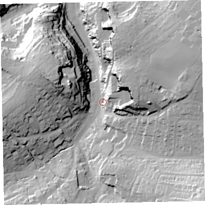 Shaded relief map of the ground around TQ59DS, computed from Environment Agency LiDAR. The ground here sits at about 17 m above sea level and falls 56 m across the surrounding 800 m. Surface water reaching this point runs off ground lying to the south-east, 46.1 m higher.