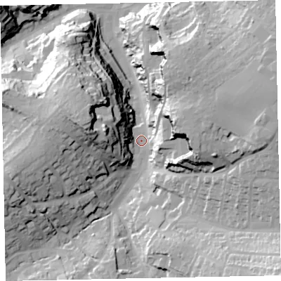 Shaded relief map of the ground around TQ59DW, computed from Environment Agency LiDAR. The ground here sits at about 16 m above sea level and falls 50 m across the surrounding 800 m. Surface water reaching this point runs off ground lying to the south-east, 40.4 m higher.