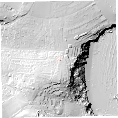 Shaded relief map of the ground around TQ59EH, computed from Environment Agency LiDAR. The ground here sits at about 58 m above sea level and falls 75 m across the surrounding 800 m. Surface water reaching this point runs off ground lying to the south, 10.5 m higher.