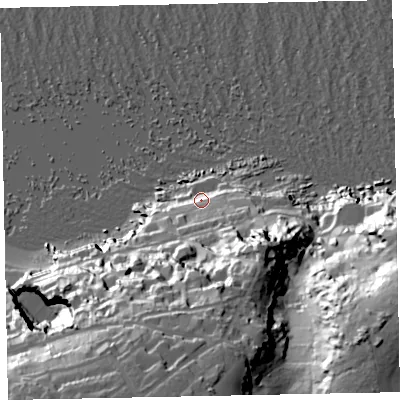 Shaded relief map of the ground around TQ59FT, computed from Environment Agency LiDAR. The ground here sits at about 6 m above sea level and falls 63 m across the surrounding 800 m. Surface water reaching this point runs off ground lying to the south, 51.3 m higher.