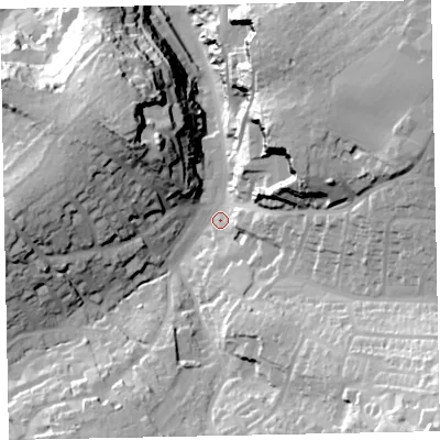 Shaded relief map of the ground around TQ59HL, computed from Environment Agency LiDAR. The ground here sits at about 19 m above sea level and falls 59 m across the surrounding 800 m. Surface water reaching this point runs off ground lying to the south-east, 48.6 m higher.