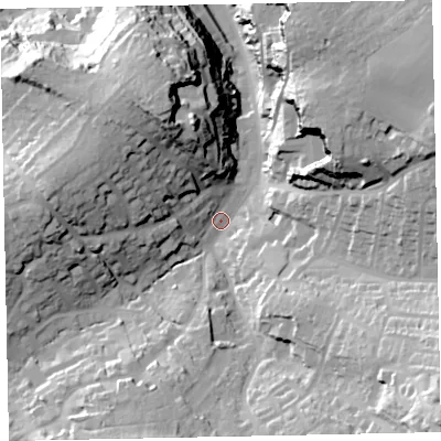 Shaded relief map of the ground around TQ59HN, computed from Environment Agency LiDAR. The ground here sits at about 18 m above sea level and falls 57 m across the surrounding 800 m. Surface water reaching this point runs off ground lying to the south-east, 46.8 m higher.
