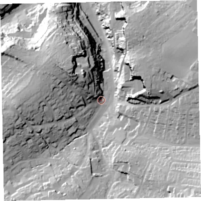 Shaded relief map of the ground around TQ59HT, computed from Environment Agency LiDAR. The ground here sits at about 19 m above sea level and falls 52 m across the surrounding 800 m. Surface water reaching this point runs off ground lying to the north-west, 21.3 m higher.