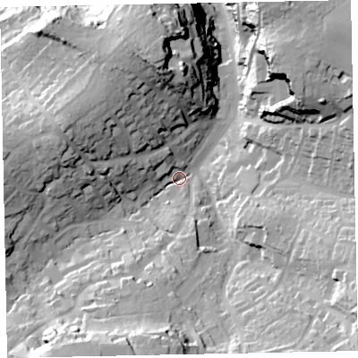 Shaded relief map of the ground around TQ59JT, computed from Environment Agency LiDAR. The ground here sits at about 19 m above sea level and falls 46 m across the surrounding 800 m. Surface water reaching this point runs off ground lying to the south-south-west, 35.2 m higher.