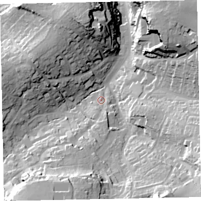 Shaded relief map of the ground around TQ59JU, computed from Environment Agency LiDAR. The ground here sits at about 22 m above sea level and falls 53 m across the surrounding 800 m. Surface water reaching this point runs off ground lying to the south, 9.8 m higher.