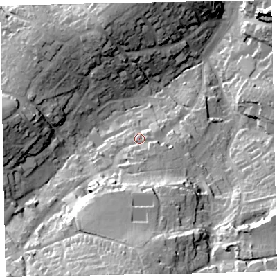Shaded relief map of the ground around TQ59LA, computed from Environment Agency LiDAR. The ground here sits at about 33 m above sea level and falls 51 m across the surrounding 800 m. Surface water reaching this point runs off ground lying to the south, 23.4 m higher.