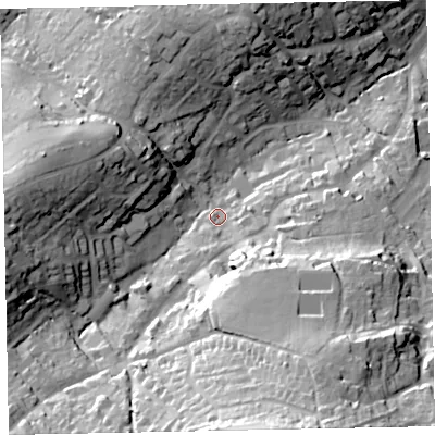 Shaded relief map of the ground around TQ59LD, computed from Environment Agency LiDAR. The ground here sits at about 29 m above sea level and falls 57 m across the surrounding 800 m. Surface water reaching this point runs off ground lying to the south-south-east, 32.2 m higher.