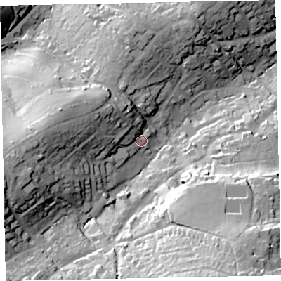 Shaded relief map of the ground around TQ59LE, computed from Environment Agency LiDAR. The ground here sits at about 32 m above sea level and falls 51 m across the surrounding 800 m. Surface water reaching this point runs off ground lying to the west-north-west, 19.9 m higher.