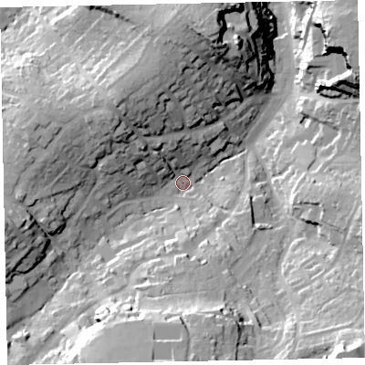 Shaded relief map of the ground around TQ59LP, computed from Environment Agency LiDAR. The ground here sits at about 22 m above sea level and falls 52 m across the surrounding 800 m. Surface water reaching this point runs off ground lying to the south, 35.5 m higher.