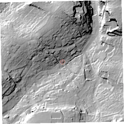 Shaded relief map of the ground around TQ59LR, computed from Environment Agency LiDAR. The ground here sits at about 23 m above sea level and falls 52 m across the surrounding 800 m. Surface water reaching this point runs off ground lying to the south, 34.5 m higher.