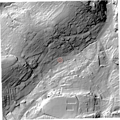 Shaded relief map of the ground around TQ59LS, computed from Environment Agency LiDAR. The ground here sits at about 25 m above sea level and falls 50 m across the surrounding 800 m. Surface water reaching this point runs off ground lying to the south-south-east, 37.7 m higher.