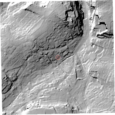 Shaded relief map of the ground around TQ59NN, computed from Environment Agency LiDAR. The ground here sits at about 25 m above sea level and falls 45 m across the surrounding 800 m. Surface water reaching this point runs off ground lying to the west-north-west, 11.1 m higher.