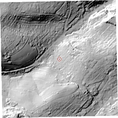 Shaded relief map of the ground around TQ59NQ, computed from Environment Agency LiDAR. The ground here sits at about 26 m above sea level and falls 67 m across the surrounding 800 m. Surface water reaching this point runs off ground lying to the east, 19.8 m higher.