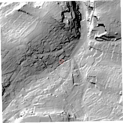 Shaded relief map of the ground around TQ59NW, computed from Environment Agency LiDAR. The ground here sits at about 21 m above sea level and falls 45 m across the surrounding 800 m. Surface water reaching this point runs off ground lying to the south-south-west, 35.2 m higher.