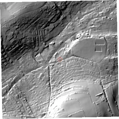 Shaded relief map of the ground around TQ59QX, computed from Environment Agency LiDAR. The ground here sits at about 44 m above sea level and falls 103 m across the surrounding 800 m. Surface water reaching this point runs off ground lying to the south-south-east, 84.7 m higher.