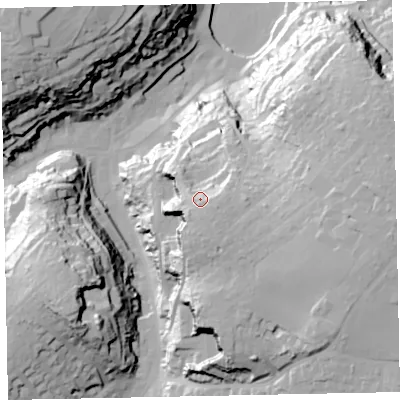Shaded relief map of the ground around TQ59SD, computed from Environment Agency LiDAR. The ground here sits at about 50 m above sea level and falls 61 m across the surrounding 800 m. Surface water reaching this point runs off ground lying to the south-east, 3.9 m higher.
