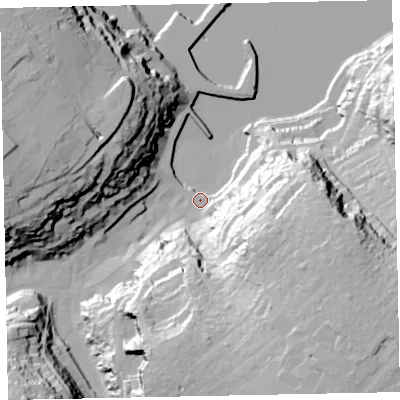 Shaded relief map of the ground around TQ59TF, computed from Environment Agency LiDAR. The ground here sits at about 3 m above sea level and falls 63 m across the surrounding 800 m. Surface water reaching this point runs off ground lying to the south-east, 59.6 m higher.