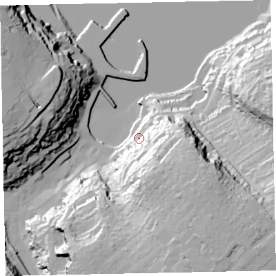 Shaded relief map of the ground around TQ59TH, computed from Environment Agency LiDAR. The ground here sits at about 15 m above sea level and falls 63 m across the surrounding 800 m. Surface water reaching this point runs off ground lying to the south-east, 42.5 m higher.