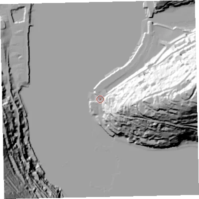 Shaded relief map of the ground around TQ60AA, computed from Environment Agency LiDAR. The ground here sits at about 3 m above sea level and falls 109 m across the surrounding 800 m. Surface water reaching this point runs off ground lying to the east-south-east, 47.6 m higher.