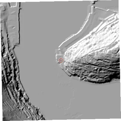 Shaded relief map of the ground around TQ60AB, computed from Environment Agency LiDAR. The ground here sits at about 3 m above sea level and falls 132 m across the surrounding 800 m. Surface water reaching this point runs off ground lying to the east-south-east, 25.2 m higher.