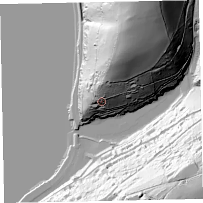 Shaded relief map of the ground around TQ60AZ, computed from Environment Agency LiDAR. The ground here sits at about 35 m above sea level and falls 119 m across the surrounding 800 m. Surface water reaching this point runs off ground lying to the north-north-east, 34.8 m higher.
