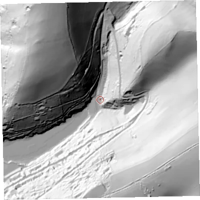 Shaded relief map of the ground around TQ60BB, computed from Environment Agency LiDAR. The ground here sits at about 3 m above sea level and falls 143 m across the surrounding 800 m. Surface water reaching this point runs off ground lying to the east-south-east, 140.6 m higher.