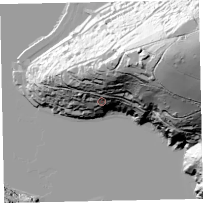 Shaded relief map of the ground around TQ60BU, computed from Environment Agency LiDAR. The ground here sits at about 35 m above sea level and falls 119 m across the surrounding 800 m. Surface water reaching this point runs off ground lying to the north-east, 72.0 m higher.