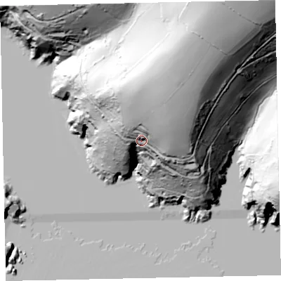 Shaded relief map of the ground around TQ60DX, computed from Environment Agency LiDAR. The ground here sits at about 58 m above sea level and falls 122 m across the surrounding 800 m. Surface water reaching this point runs off ground lying to the north-north-east, 58.6 m higher.