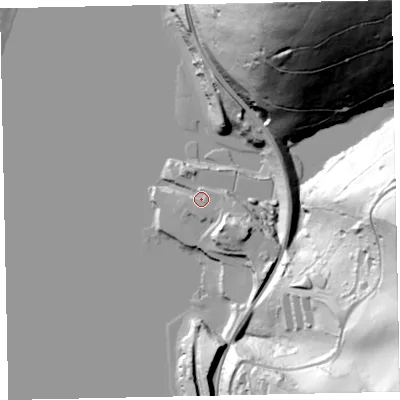 Shaded relief map of the ground around TQ60EA, computed from Environment Agency LiDAR. The ground here sits at about 5 m above sea level and falls 101 m across the surrounding 800 m. Surface water reaching this point runs off ground lying to the south, 3.5 m higher.
