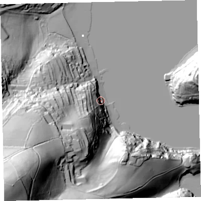 Shaded relief map of the ground around TQ60HA, computed from Environment Agency LiDAR. The ground here sits at about 3 m above sea level and falls 142 m across the surrounding 800 m. Surface water reaching this point runs off ground lying to the south-west, 48.4 m higher.