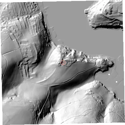 Shaded relief map of the ground around TQ60HE, computed from Environment Agency LiDAR. The ground here sits at about 49 m above sea level and falls 148 m across the surrounding 800 m. Surface water reaching this point runs off ground lying to the west, 4.3 m higher.