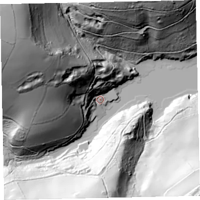 Shaded relief map of the ground around TQ60HN, computed from Environment Agency LiDAR. The ground here sits at about 6 m above sea level and falls 140 m across the surrounding 800 m. Surface water reaching this point runs off ground lying to the north-west, 133.9 m higher.