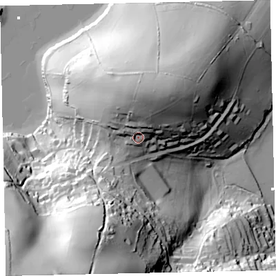 Shaded relief map of the ground around TQ60HS, computed from Environment Agency LiDAR. The ground here sits at about 35 m above sea level and falls 97 m across the surrounding 800 m. Surface water reaching this point runs off ground lying to the north, 21.0 m higher.