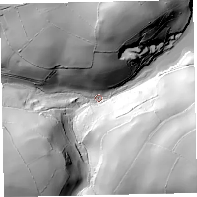Shaded relief map of the ground around TQ60HZ, computed from Environment Agency LiDAR. The ground here sits at about 3 m above sea level and falls 101 m across the surrounding 800 m. Surface water reaching this point runs off ground lying to the south-east, 98.2 m higher.