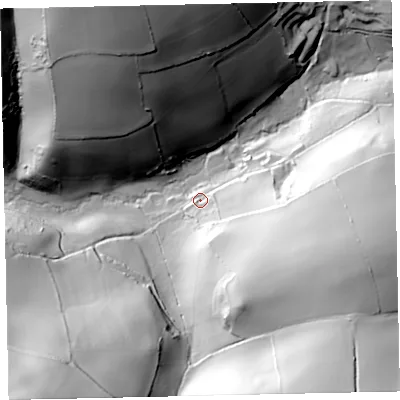Shaded relief map of the ground around TQ60JA, computed from Environment Agency LiDAR. The ground here sits at about 25 m above sea level and falls 103 m across the surrounding 800 m. Surface water reaching this point runs off ground lying to the south-east, 57.4 m higher.