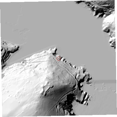 Shaded relief map of the ground around TQ60JN, computed from Environment Agency LiDAR. The ground here sits at about 15 m above sea level and falls 121 m across the surrounding 800 m. Surface water reaching this point runs off ground lying to the south-south-west, 75.5 m higher.