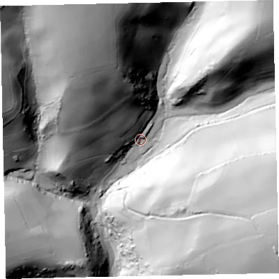 Shaded relief map of the ground around TQ60LG, computed from Environment Agency LiDAR. The ground here sits at about 31 m above sea level and falls 101 m across the surrounding 800 m. Surface water reaching this point runs off ground lying to the north-north-west, 85.6 m higher.