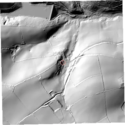 Shaded relief map of the ground around TQ60NF, computed from Environment Agency LiDAR. The ground here sits at about 73 m above sea level and falls 123 m across the surrounding 800 m. Surface water reaching this point runs off ground lying to the south-west, 71.7 m higher.