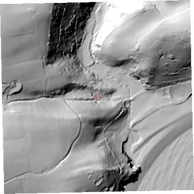 Shaded relief map of the ground around TQ60PL, computed from Environment Agency LiDAR. The ground here sits at about 23 m above sea level and falls 111 m across the surrounding 800 m. Surface water reaching this point runs off ground lying to the west-south-west, 82.4 m higher.