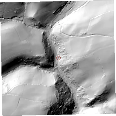 Shaded relief map of the ground around TQ60PP, computed from Environment Agency LiDAR. The ground here sits at about 20 m above sea level and falls 102 m across the surrounding 800 m. Surface water reaching this point runs off ground lying to the east, 91.3 m higher.