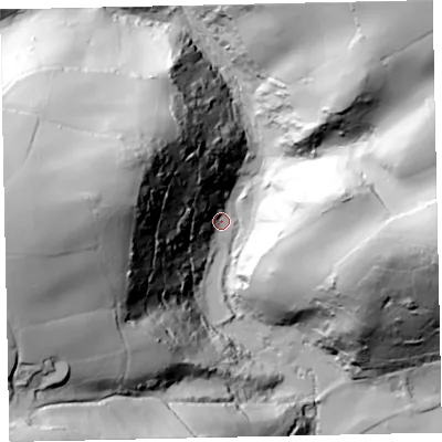 Shaded relief map of the ground around TQ60PW, computed from Environment Agency LiDAR. The ground here sits at about 7 m above sea level and falls 107 m across the surrounding 800 m. Surface water reaching this point runs off ground lying to the west, 95.9 m higher.