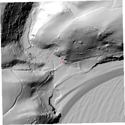 Shaded relief map of the ground around TQ60RG, computed from Environment Agency LiDAR. The ground here sits at about 6 m above sea level and falls 105 m across the surrounding 800 m. Surface water reaching this point runs off ground lying to the north-west, 92.0 m higher.