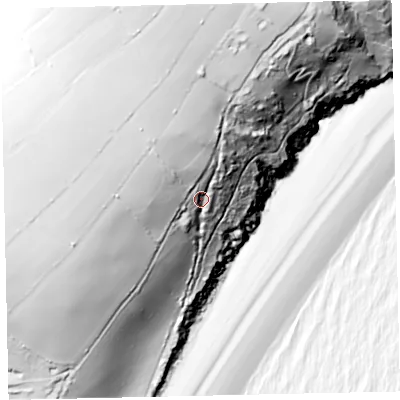 Shaded relief map of the ground around TQ60RR, computed from Environment Agency LiDAR. The ground here sits at about 70 m above sea level and falls 132 m across the surrounding 800 m. Surface water reaching this point runs off ground lying to the north-north-west, 67.8 m higher.