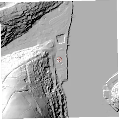 Shaded relief map of the ground around TQ69AA, computed from Environment Agency LiDAR. The ground here sits at about 3 m above sea level and falls 147 m across the surrounding 800 m. Surface water reaching this point runs off ground lying to the west, 25.1 m higher.