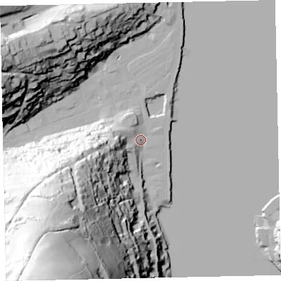 Shaded relief map of the ground around TQ69AD, computed from Environment Agency LiDAR. The ground here sits at about 4 m above sea level and falls 140 m across the surrounding 800 m. Surface water reaching this point runs off ground lying to the west-south-west, 43.0 m higher.
