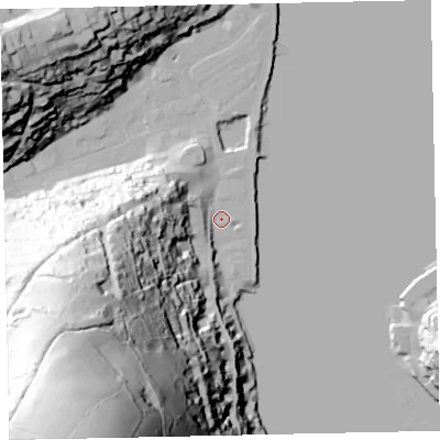 Shaded relief map of the ground around TQ69AG, computed from Environment Agency LiDAR. The ground here sits at about 3 m above sea level and falls 150 m across the surrounding 800 m. Surface water reaching this point runs off ground lying to the west-south-west, 57.3 m higher.