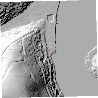 Shaded relief map of the ground around TQ69AN, computed from Environment Agency LiDAR. The ground here sits at about 3 m above sea level and falls 159 m across the surrounding 800 m. Surface water reaching this point runs off ground lying to the south-west, 155.1 m higher.