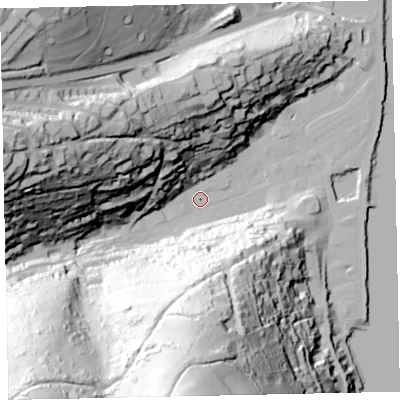 Shaded relief map of the ground around TQ69BE, computed from Environment Agency LiDAR. The ground here sits at about 2 m above sea level and falls 121 m across the surrounding 800 m. Surface water reaching this point runs off ground lying to the south, 114.9 m higher.