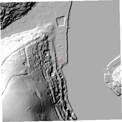 Shaded relief map of the ground around TQ69BW, computed from Environment Agency LiDAR. The ground here sits at about 3 m above sea level and falls 159 m across the surrounding 800 m. Surface water reaching this point runs off ground lying to the south-west, 155.2 m higher.